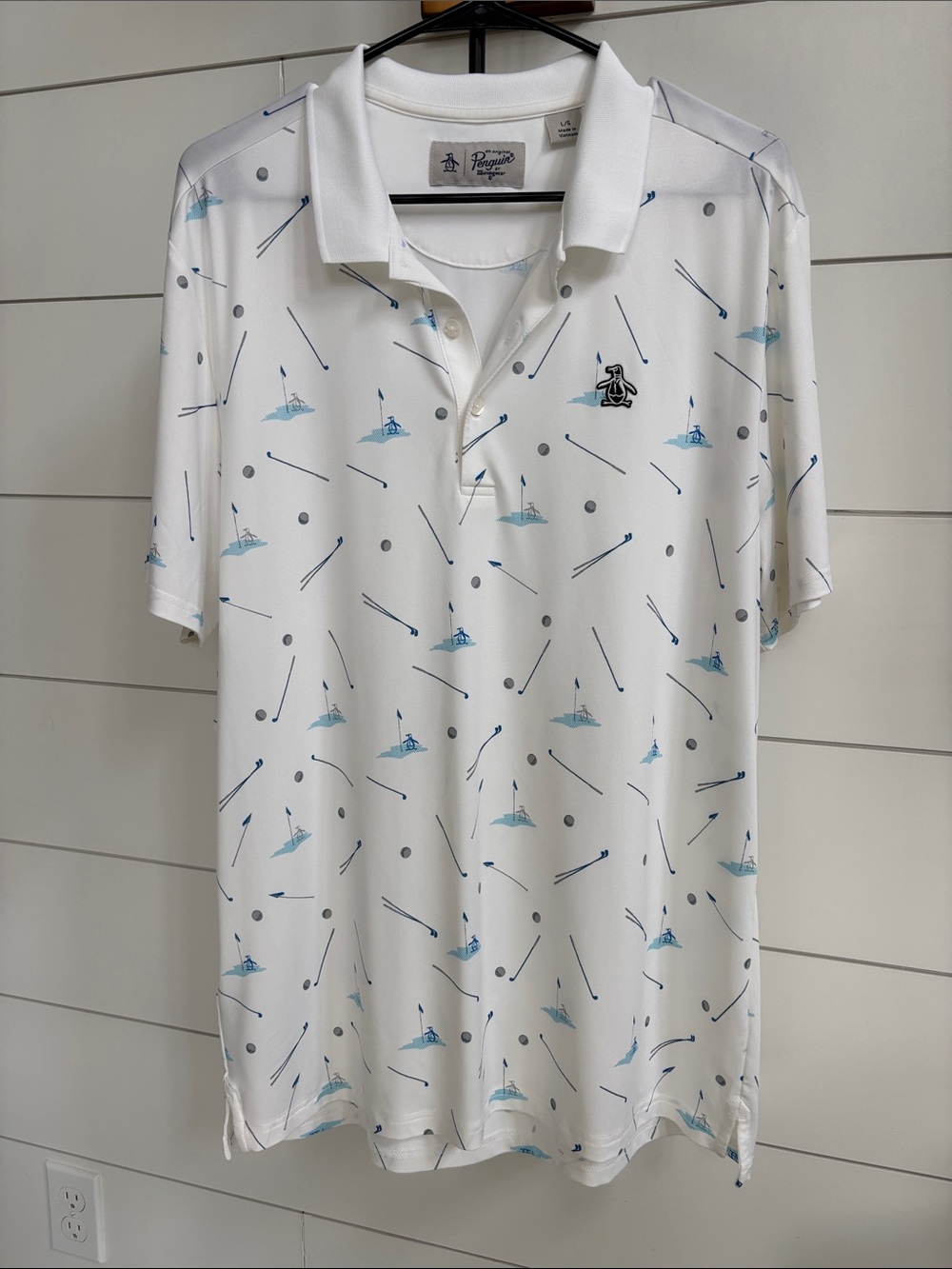 Original Penguin White Polo with Light Blue and Gray Golf Print